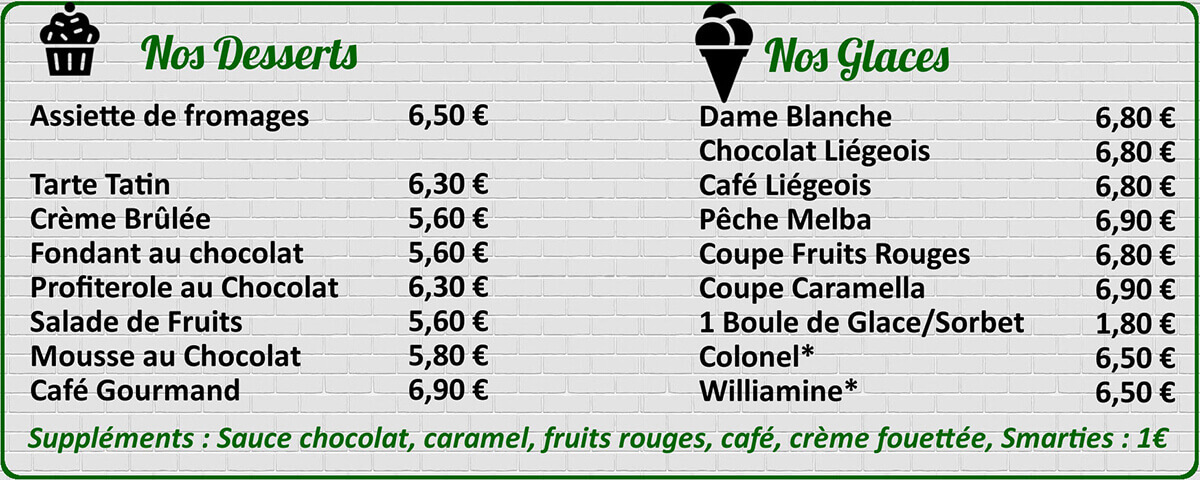 Nos desserts et Glaces